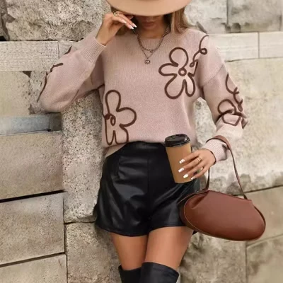 Женский свитер жаккардовой вязки с цветочным рисунком - пуловер с круглым вырезом и длинными рукавами (S-XL) camel