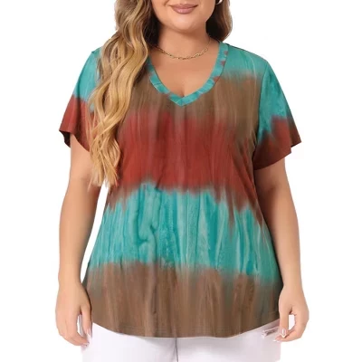 Повседневные футболки с V-образным вырезом и коротким рукавом в полоску Tie Dye Basic для женщин больших размеров - оранжевый