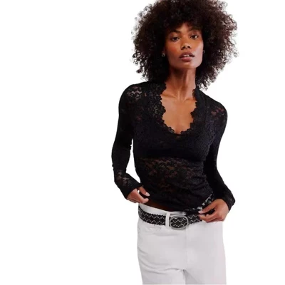Женский кружевной топ с цветочным рисунком и глубоким вырезом, прозрачная укороченная рубашка с длинным рукавом, выходящие топы черного цвета