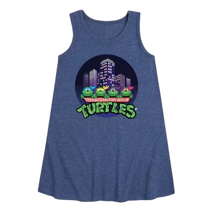 City Scape With Turtles Graphic Sleeveless Aline Dress heather navy