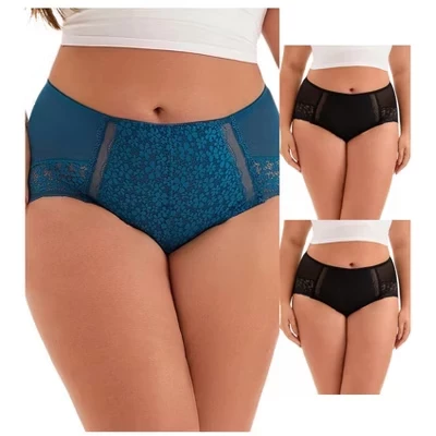 Женские трусы Curve Size 3-Pack с кружевной отделкой и высокой посадкой, полностью закрывающие сетчатое нижнее белье сзади