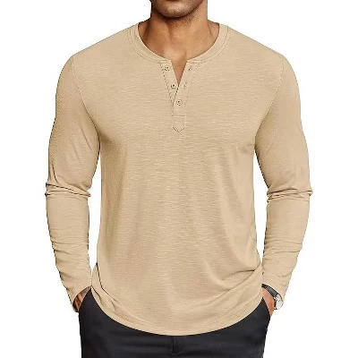 Мужские рубашки Henley, легкая футболка на пуговицах с длинным рукавом, повседневная базовая футболка бежевого цвета