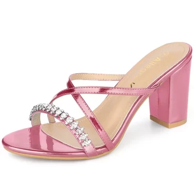 Women's Crisscross Strap Rhinestone Block Heel Slide Sandals pink
