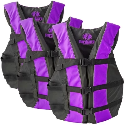 Спасательный жилет Hardcore Life Jacket 3 Pack для взрослых; Одобренный береговой охраной спасательный жилет PFD III типа для плавания; Водные лыжи, вейкборд, каяк фиолетового цвета