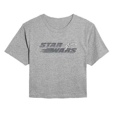 Women's -  - Xwing Fly Horizontal Chest Cropped Graphic T-Shirt heather grey