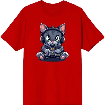 Футболка с коротким рукавом и круглым вырезом для взрослых Focused Gamer Cat красная