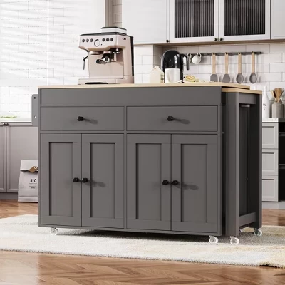 White Wood Top 74.5 in. Kitchen Island with Extendable Table, Hidden Wheels, and Ample Storage gray