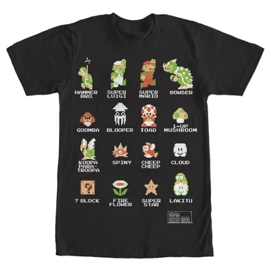 Men's  Super Mario Bros Pixel Cast with Names T-Shirt black