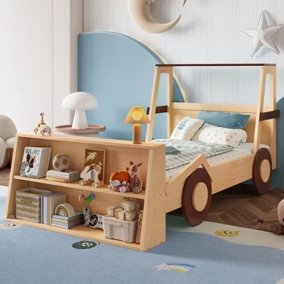 Twin Size Kids Car Bed with Storage Shelves, Race Car Platform Bed, Low Profile Safety Bed Frame - natural