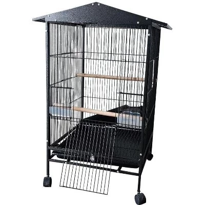 33-inch Bird Flight Cage, with Wheels and Roller Stand, Vertical Forged Iron Birdcage, Large Parrotin Flight Cage, Cockatou Birdcage, Black 黑色