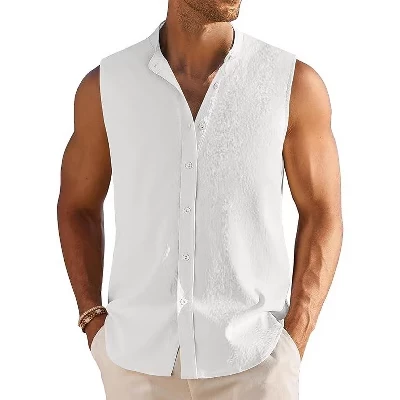 Men's Summer Beach Tank Tops Sleeveless Button Up Shirt Casual Textured Tank Shirts white