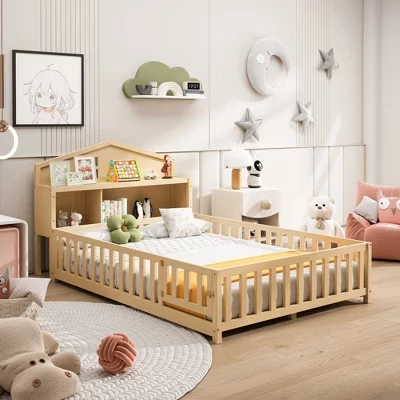 Кровать‑монтессори ModernLuxe с полкой и доской, натуральный