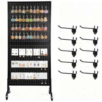 Настольная витрина Pegboard размером 2X5 дюймов на колесиках, Металлическая витрина Pegboard с 10 крючками, стеллаж для выставки товаров Peg Board с Т-образным основанием для розничного магазина черного цвета