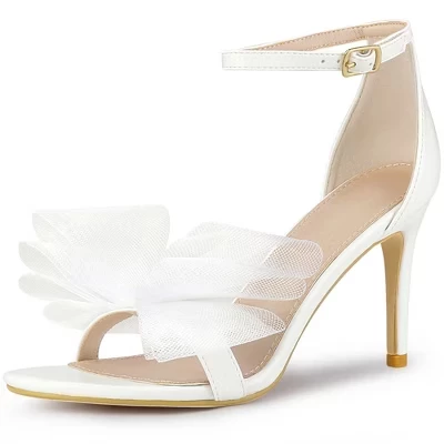 Women's Open Toe Ankle Strap Mesh Bow Tie High Stiletto Heels white