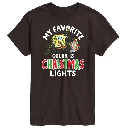 Men's -  - My Favorite Color Is Christmas Lights Spongebob and Gary Short Sleeve Graphic T-Shirt dark brown