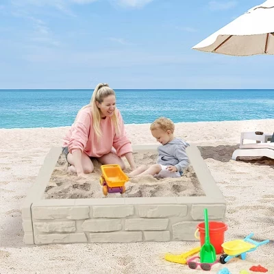 Детская песочница с крышкой и нижним вкладышем Backyard Beach HDPE песочница для игр на открытом воздухе Коричневый/Белый/Серый белый