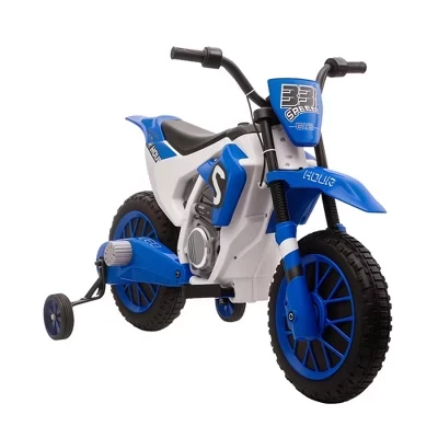 12V Детский мотоцикл Dirt Bike Электрический игрушечный внедорожный уличный велосипед на батарейках для езды по бездорожью с зарядным аккумулятором, тренировочные колеса Blue blue