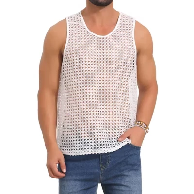 Men's Hollow Mesh Sleeveless Round Neck Club Knitted Sheer Vest white