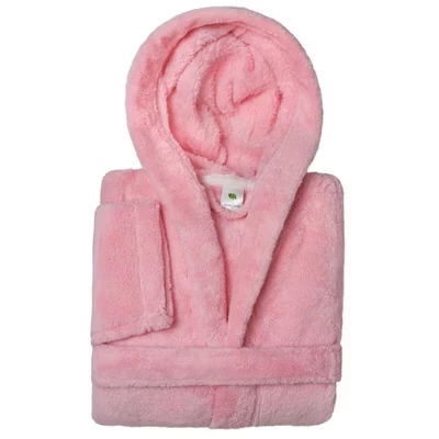 Махровый халат Linum Kids из 100% полиэстера SUPER PLUSH с двойным матовым капюшоном розового цвета
