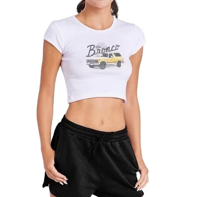 Women's  Bronco Yellow Cap Sleeve Baby Rib Crop Top white