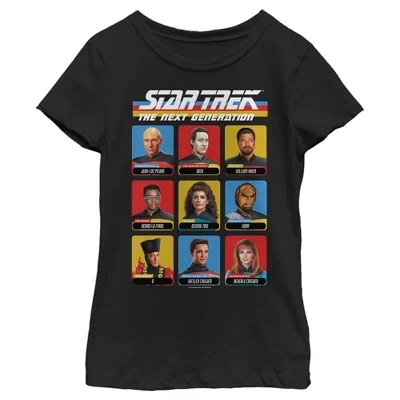 Футболка Girl's : The Next Generation Starfleet с портретами членов экипажа, игральными картами в рамке, черная