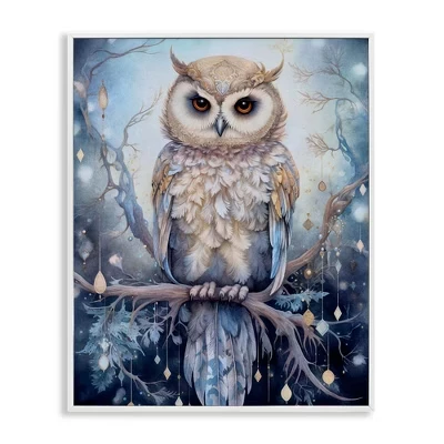 Сова на мерцающей ветке в рамке Giclee Art white