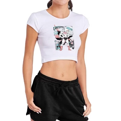 Women's  Comic Panels Cap Sleeve Baby Rib Crop Top white