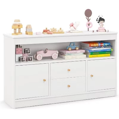 BALHAM TRADE-Kids Toy Storage Organizer Floor Cabinet with Open Shelf 2 Drawers 2 Cubbies white