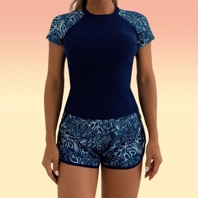 Женские комплекты купальников Rashguard, 2 предмета, ботанические купальники с полным покрытием, топы для плавания с рукавами реглан и сеткой Bpyshorts, ботанические