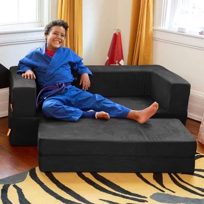 Zipline Kids Sofa & Large Ottoman, 3 in 1 Fold Out Sofa black