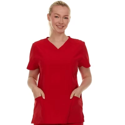 Женский эластичный медицинский топ-скраб HEAL+WEAR с V–образным вырезом и 2 накладными карманами - Растягивается в 4 стороны - Мягкий и профессиональный крой, красный