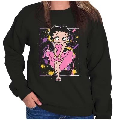 Женская толстовка с круглым вырезом и разноцветными брызгами краски Betty Boop лицензионного черного цвета