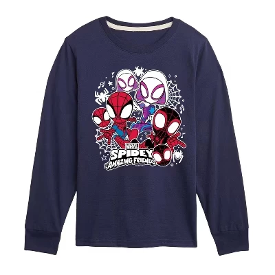 Футболка с рисунком Человека-паука и его удивительных друзей Spidey Friends Stickers с длинным рукавом синего цвета