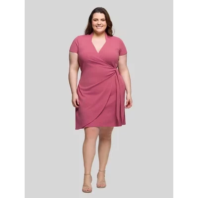 Plus Size Mandarin Collar Knee Length Wrap Dress - ™ red