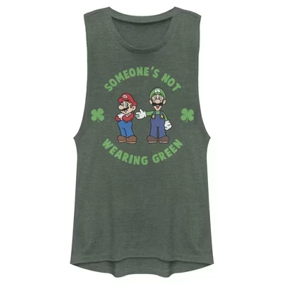 Juniors Womens  Super and Luigi St. Patrick's Day Not Wearing Green Festival Muscle Tee