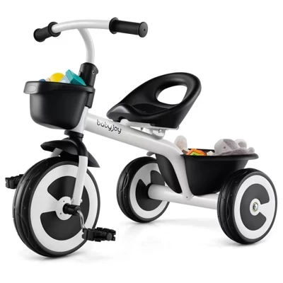 Детский трехколесный велосипед Kids Trike с регулируемым сиденьем спереди и сзади, корзинами для хранения, Темно-синий / Белый / розовый