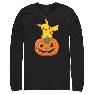 Мужская рубашка с длинным рукавом Пикачу в виде Джека-фонаря на Хэллоуин, черная