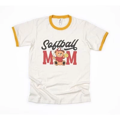 Женская футболка для софтбола Mom Teddy Bear с коротким рукавом и надписью vintagemustard