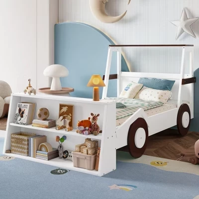 Twin Size Kids Car Bed with Storage Shelves, Race Car Platform Bed, Low Profile Safety Bed Frame - brown