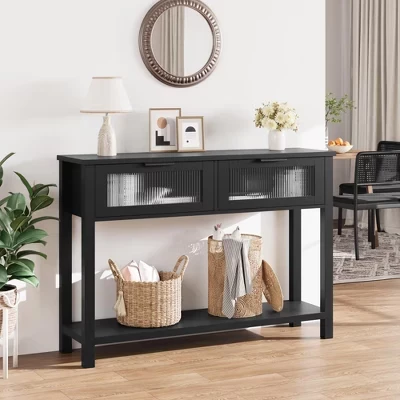 Консольный столик Modern Farmhouse Black – 2 выдвижных ящика из стекла, ножки из цельного дерева, Столешница из МДФ, Открытая полка – для прихожей, гостиной, прихожей – Черный 25 лет черному