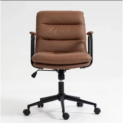Ergonomic Office Chair, Mid-Back PU Leather Desk Chair with Wheels and Arms, 40掳 Tilt Function, Brown brown