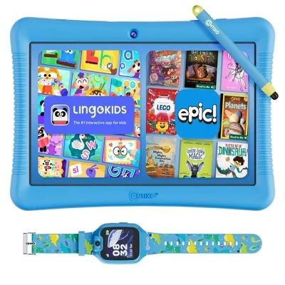 K102 Kids Tablet Bundle – 10-дюймовый планшет на 32 ГБ с 14 обучающими приложениями, Lingokids и Epic! + Детские умные часы KW1 для мальчиков и девочек в возрасте от 3 до 12 лет синего цвета