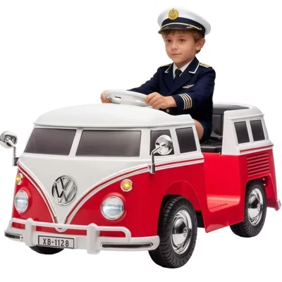 Детский лицензионный автомобиль Volkswagen T1 Bus 6V со светодиодной подсветкой, звуковым сигналом, музыкой и двумя скоростями, темно-синий, работающий на батарейках
