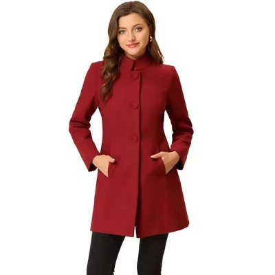 Women's Winter Stand Collar Single Breasted Mid-thigh Long Overcoat red