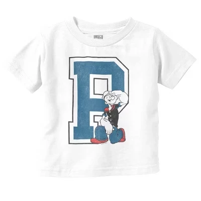 Винтажная футболка с рисунком Popeye Cartoon Vintage Varsity P Для малышей с графическим рисунком лицензированного белого цвета