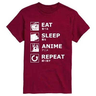 Мужская футболка с графическим рисунком Eat Sleep Anime Repeat с коротким рукавом garnet