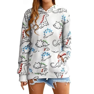 Women's Cute Dinosaur Graphic Long Sleeve Casual Loose Hooded Pullover Sweatshirt with Pocket Hoodie white