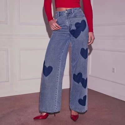 Женские прямые широкие мешковатые джинсы с завышенной талией Heart Jean Boyfriend, свободные джинсовые брюки синего цвета