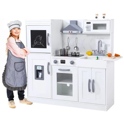 Деревянная игровая кухня для детей, Игровой кухонный набор с подсветкой, звуками, Микроволновой печью, льдогенератором, духовкой, 20 шт. аксессуаров, Игрушки шеф-повара серого цвета