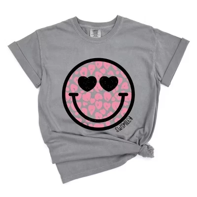 S.W.Smiley Leopard Heart Eyes Smiley - Женская одежда, окрашенная в графический цвет футболка серого цвета
